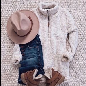 Cozy Sherpa fleece faux fur Quarter Zip Long Sleeve Pullover Sweatshirt Women's